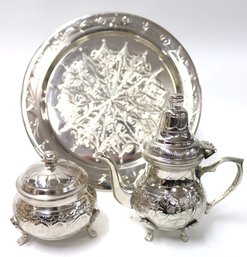 Middle Eastern Etched Metal Wall Plate Mini Teapot & Creamer