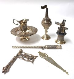 Lot Of Sterling Silver Judaica Items With Spice Holders, Torah Pointers, & Retractable Candle Holder