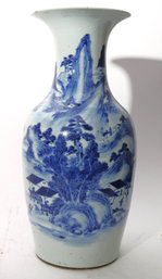 Antique Hand Painted, Blue And White Wedding Vase, Featuring Mountain Scenery With Pagoda And Fisherman