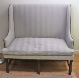 Vintage High Back Settee/loveseat With Custom Grayish Upholstery And Nail Head Accents