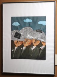 Framed Artist Proof Lithograph Of Gentlemen With The Times Umbrellas, Pencil Signed, LR.