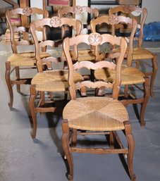 6 Antique Louis XV Style Oak Wood Ladder Back Chairs With Woven Rush Seating