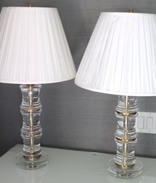 Pair Of Ralph Lauren Bamboo Crystal Table Lamps With Brass Accents And Silk Shades