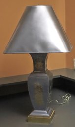 Stylish Chinoiserie Tin Lamp With Brass Ornamental Designs And Paper Shade.