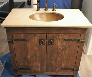Rustic Style Wood, Vanity With Travertine Top And Copper Hand Hammered Sink.