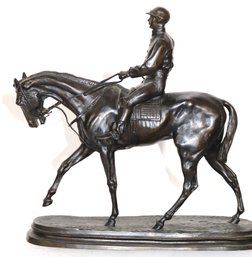 Vintage Bronze Sculpture Of Racehorse & Jockey Signed After P.J. Mene