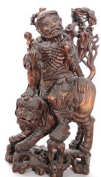 Carved Wood Statue Of Ascetic Wise Man Or Buddhist Mink Seated Atop Foo Dog
