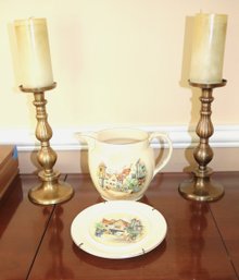 Royal Winton Ye Olde In' Pitcher & Plate Grimwades England Includes Brass Candlesticks