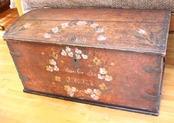 Antique Wood Chest With Ornate Metal Brackets/handles With Hand Painted Detail