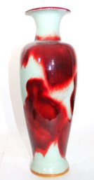 Tall Elegant Porcelain Vase With Crackled Finish & Oxblood Colored Highlights & Chinese Stamp On Underside