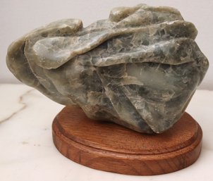 Interesting Green Marble With White Veins Abstract MCM Sculpture On Wooden Base