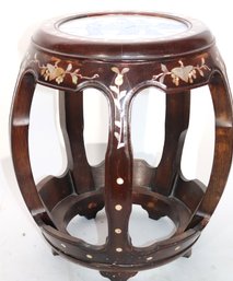 Chinese Hardwood Stool With Mother Of Pearl Inlay And Painted Porcelain Seat