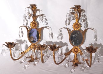 Pair Of Gilded Age Style Gilt Metal Wall Sconces With Round Mirrors And Crystal