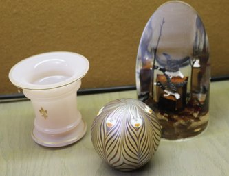 Signed Art Glass Paperweight, Small Pink Opaline Vase And Goldfeder Resin Paperweight, With Geese.