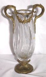 Art Nouveau Style Crystal Vase With Gold Handles And Fluted Base.