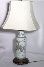 Pretty Vintage Hand Painted Chinese Porcelain Vase Table Lamp With Bright Floral Pattern