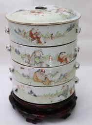 Vintage Hand Painted/stamped Stackable Asian Bowl/Box Set Includes A Wood Stand