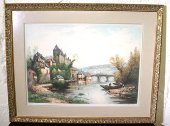 Old Uzerche By Levis France Lithograph Of European Village On River Signed And Numbered In Frame