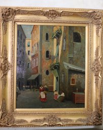 Signed Painting Of A Paris Street Scene In An Ornate Gilt Wood Frame