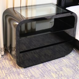 Pair Of Black Lacquered Night Tables With Drawers, And Glass Insert Top