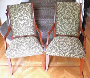 Pair Of Ethan Allen Arm Chairs With Nail Head Accents & Custom Damask Fabric