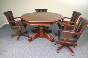 Quality Octagonal Card Table Well Made With Dual Sided Cover, Includes 4 Comfortable Swivel Chairs On Casters