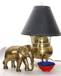 Brass Lamp With Engraved Dragon, Brass Elephant & Cinnabar Bowl