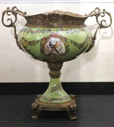 Large 19th Century Style Hand Painted Porcelain Centerpiece With Brass Mounting