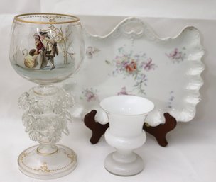 Large Hand Painted Glass Goblet Garniture And Vintage Hand Painted Floral Tray Includes Glass Candle Holder