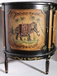 Demi Lune Console Cabinet With Rattan Covered Doors And Painted Elephant Designs.