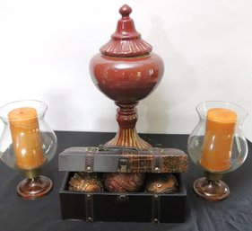 Home Decor Includes Brass Hurricane Candle Holders, Burgundy Toned Urn With Lid & Trinket Box