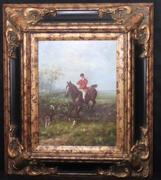 Fine Oil Painting On Canvas Of A Fox Hunt Scene With Hound In A Grand Victorian Style Frame Signed By Artist