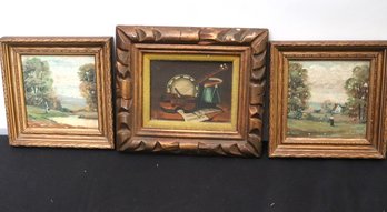 Vintage Miniature Paintings Includes Musical Instrument Still Life By Van Hoot