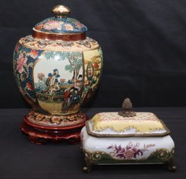 Chinese Hand Painted Satsuma Ginger Jar With Lid And Stand Includes A Trinket Box With Brass Accents