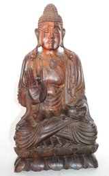 Rosewood Carved Buddha With Serene Expression & Protective Mudra Hand Gesture