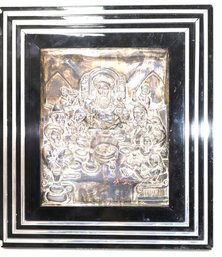 Embossed Sterling Silver Framed Plaque Of Rabbi & Followers At A Meal