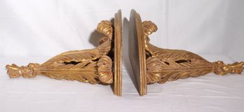 Pair Of Gilt Italian Wall Display Shelves With Ostrich Feather Design.