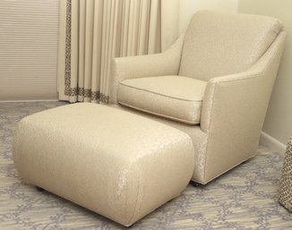 Quality Custom- Made Armchair, Upholstered In A Butter Yellow Geometric Pattern With Matching Ottoman.