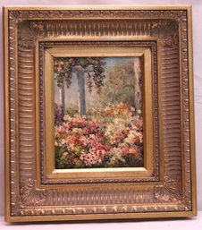Beautiful Painting On Canvas Of Pink Garden Flowers With Ornamental Column In A Large Gold Frame