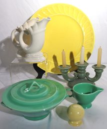 Vintage Covered Bowl With Lid, Green Fiesta Ware Creamer, Lenox Cornucopia Vases, Yellow Ceramic Platter, Cand