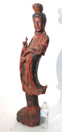 Tall Graceful, Carved Wood Statue Of Guanyin Holding Ball & Ruyi Scepter With Painted Polychrome Finish