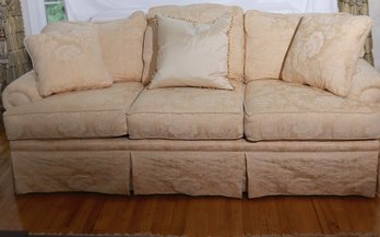 Quality Custom Made Pennsylvania House 3 Seat Skirted Sofa In A Neutral Light Gold Tone- Damask Floral Pattern