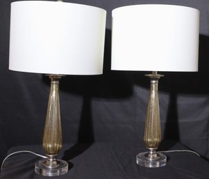 Pair Of Modern Glass Table Lamps With A Lucite Base And Drum Shade