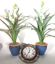Pair Of Tall Silk Lily-of-the-valley Flowers In Ceramic Pottery Planters And Vintage Wall Clock