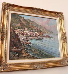 Vintage Painting Of Italian Village By The Shore Signed By The Artist Siano