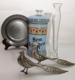 Vintage Blue Apothecary Canister Sem. Felandrio Includes Duro Plast Birds Alpaca Plateada.