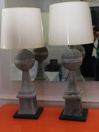 Pair Of Contemporary Stone-gray Finished Obelisk Tin Lamps