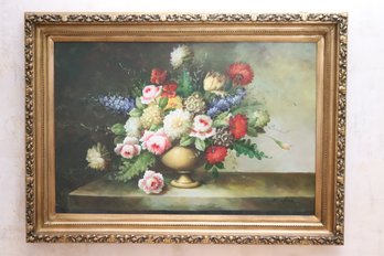 Hand Painted Still Life Painting Of A Floral Centerpiece On Canvas Signed By The Artist L. Frank