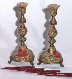 Pair Of Floral Art Hand Painted Ceramic Candlesticks With Brass Trim By Castilian