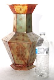 Unique Marble Hexagonal Geometric Vase Carved With Overall Old Asian Calligraphy Symbols